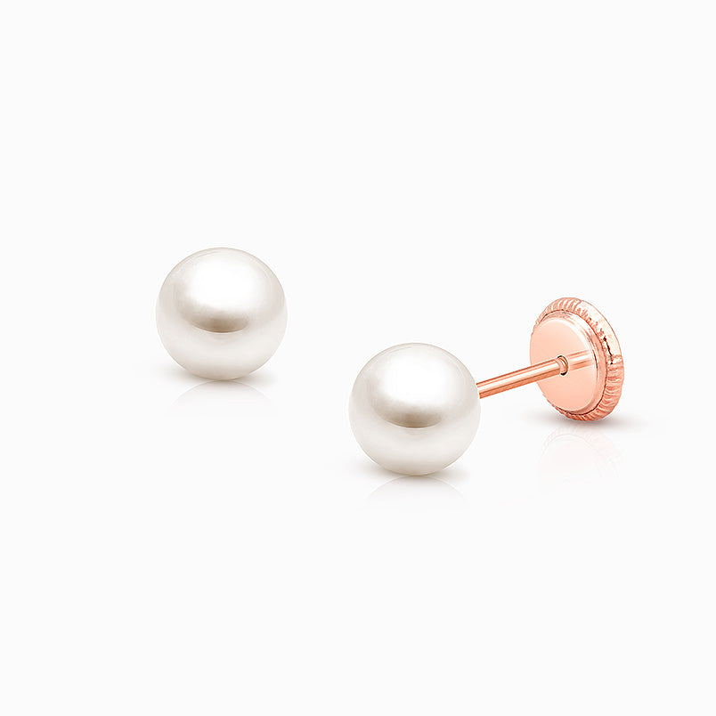 Ruffled Petals with Pearl, First Holy Communion Children’s Earrings, Screw Back – 14K Rose Gold