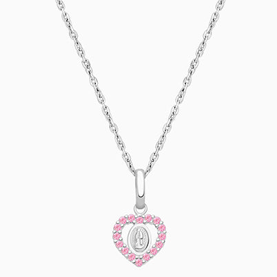 Virgin Mary, Pink CZ Heart Communion Children’s Necklace for Girls – 14K White Gold