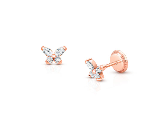 Baby Butterfly, Clear CZ Christening/Baptism Baby/Children’s Earrings, Screw Back – 14K Rose Gold