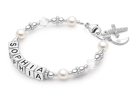 Diamond Cross, Christening/Baptism Baby/Children’s Name Bracelet for Girls – Sterling Silver