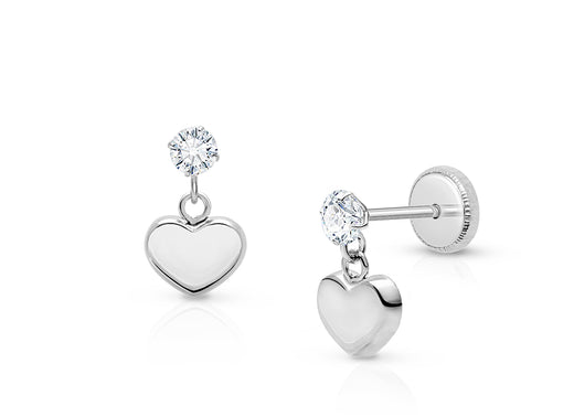 Modern Heart Dangle, Clear CZ Christening/Baptism Baby/Children’s Earrings, Screw Back – 14K White Gold