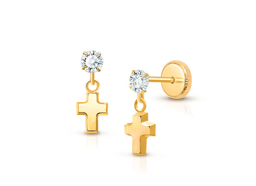Simple Cross Dangle, Clear CZ Christening/Baptism Baby/Children’s Earrings, Screw Back – 14K Gold