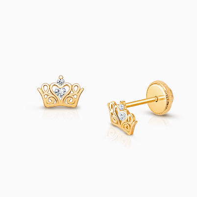 Tiny Tiara, Clear CZ Crown Baby/Children’s Earrings, Screw Back – 14K Gold