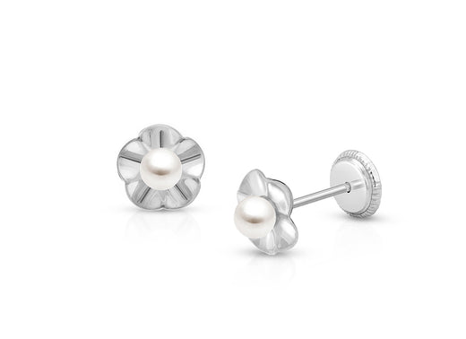 Ruffled Petals with Pearl, First Holy Communion Children’s Earrings, Screw Back – 14K White Gold