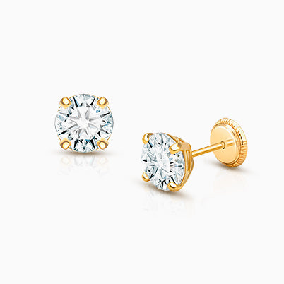 6mm CZ Round Studs, Teen’s Earrings, Screw Back – 14K Gold