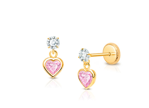 Fearless Heart Dangle, Pink/Clear CZ Baby/Children’s Earrings, Screw Back – 14K Gold