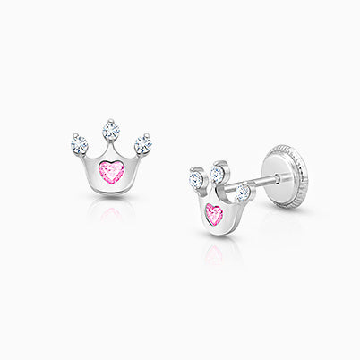 Girl Mouse with Bow, Baby/Children’s Earrings, Screw Back, Clear CZ – 14K White Gold