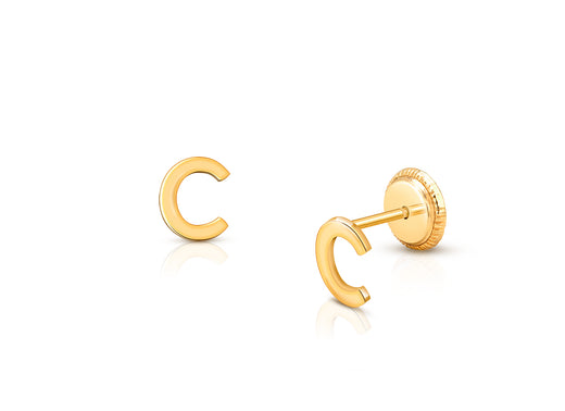 ‘C’ Initial Studs Personalized Baby/Children’s Earrings, Screw Back – 14K Gold