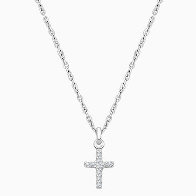 Miraculous Cross, Modern Pavé CZ Children’s Necklace for Boys – 14K White Gold