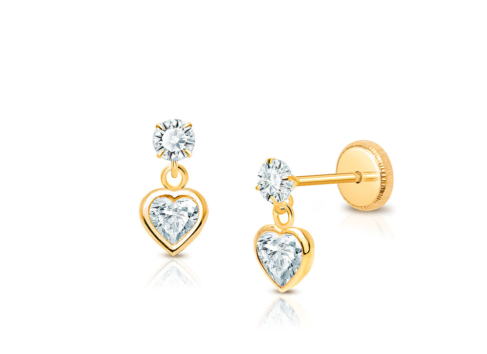 Fearless Heart Dangle, Clear CZ Baby/Children’s Earrings, Screw Back – 14K Gold