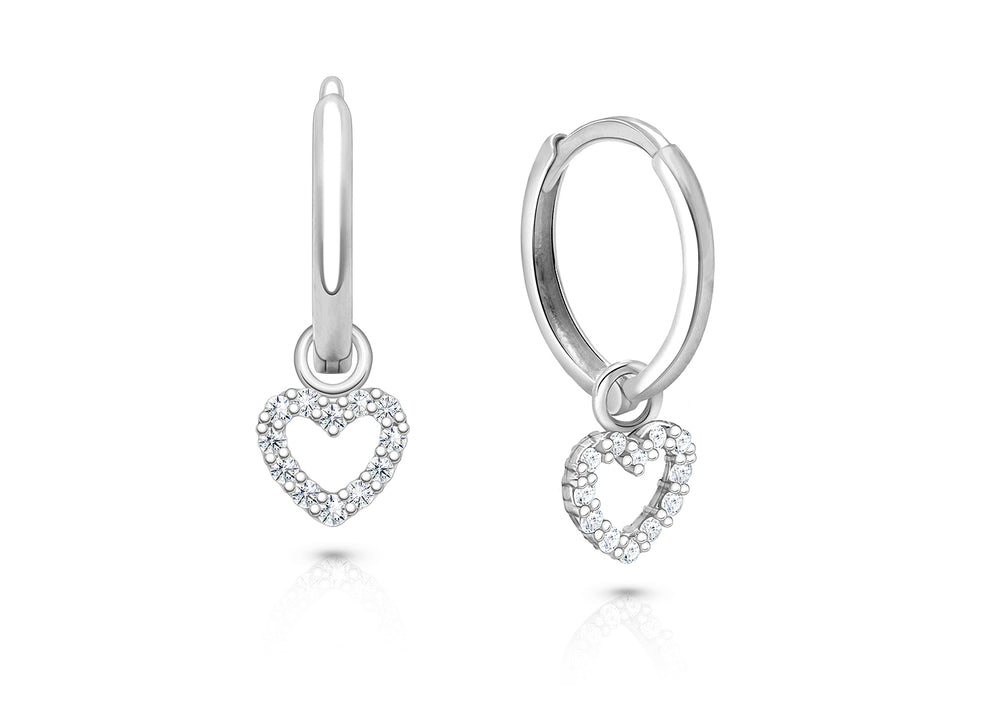 11mm Classic Huggie Hoops with Pavé Heart Dangle, First Holy Communion Earrings – Sterling Silver
