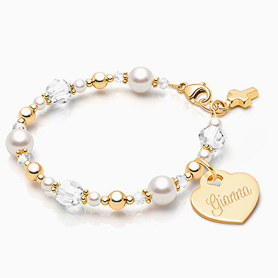 Crowned in Heaven, First Holy Communion Beaded Bracelet for Girls (INCLUDES Engraved Charm) – Sterling Silver