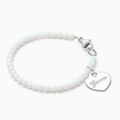 3mm Opals, Lab Created White Opal Baby/Children’s Beaded Bracelet for Girls (INCLUDES Engraved Charm) – Sterling Silver
