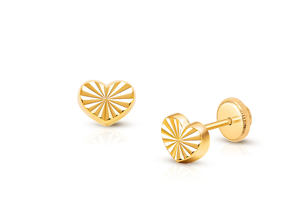 Diamond Cut Heart, Christening/Baptism Baby/Children’s Earrings, Screw Back – 14K Gold
