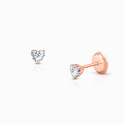 Teeny Tiny Heart Studs, 3mm Clear CZ Baby/Children’s Earrings, Screw Back – 14K Gold