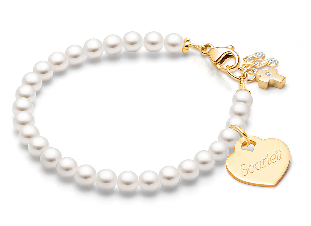 4mm Cultured Pearls, First Holy Communion Beaded Bracelet for Girls (Includes Engraved Charm) – 14K Gold