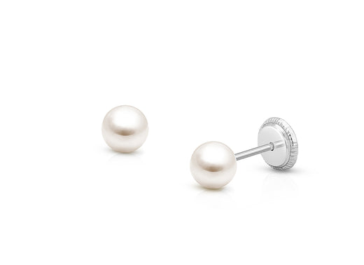 4mm Pearl Studs, First Holy Communion Children’s Earrings, Screw Back – 14K White Gold