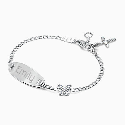 Pavé Butterfly, Christening/Baptism Baby/Children’s Engraved ID Bracelet for Girls – 14K White Gold