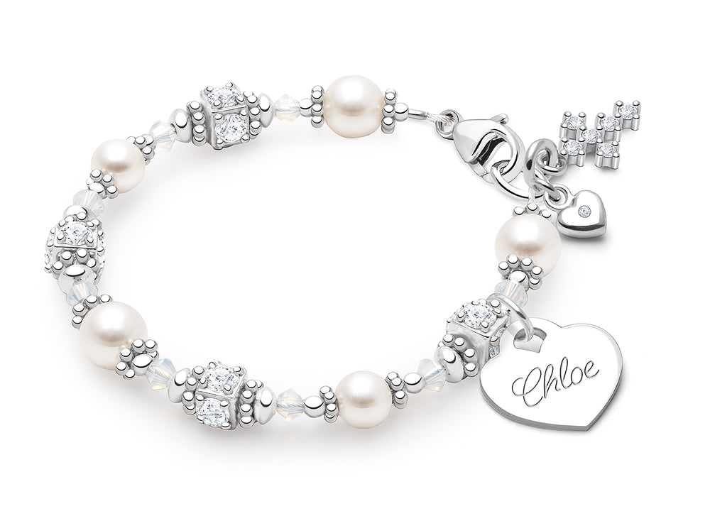 Crowned in Heaven, Christening/Baptism Baby/Children’s Beaded Bracelet for Girls (INCLUDES Engraved Charm) – Sterling Silver